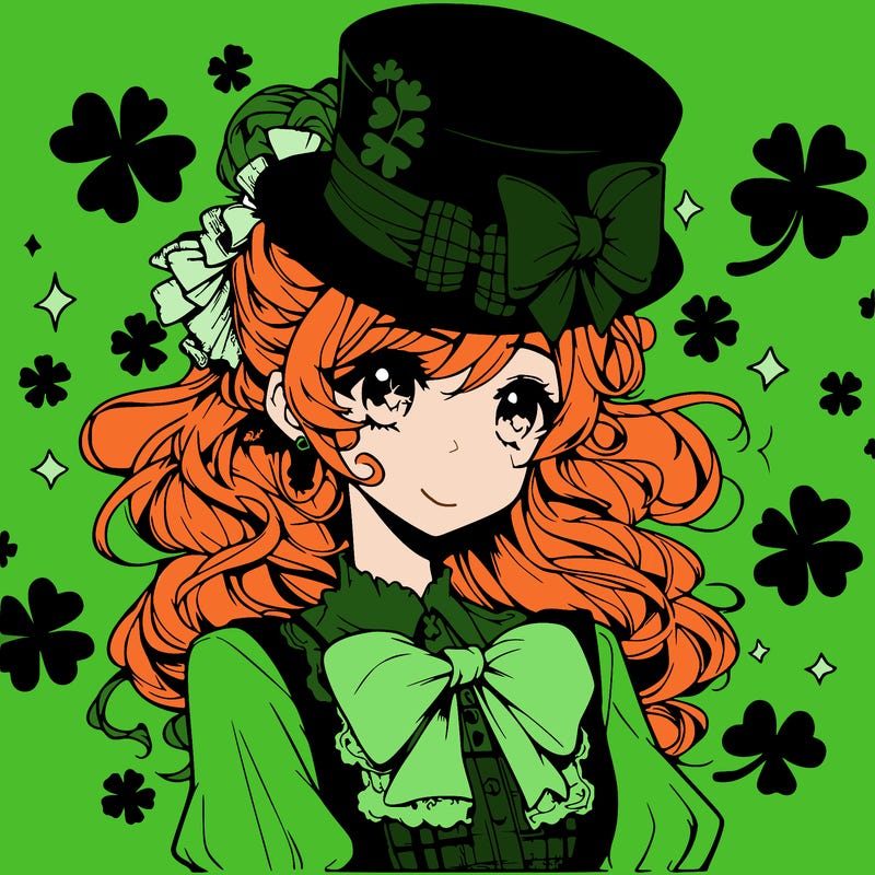 a manga-style girl with clovers around her, a little hat in her hair, like it's saint patrick's day
