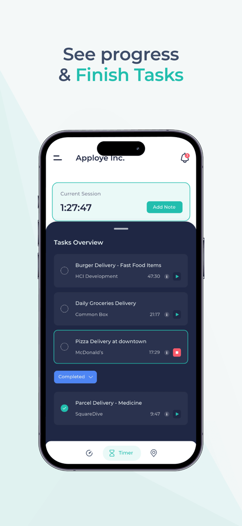 Interface do aplicativo móvel do Apploye mostrando um cronômetro ao vivo e uma lista de tarefas de entrega rastreadas