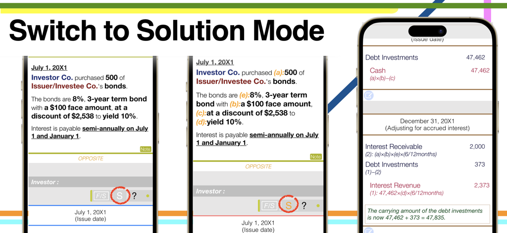 Captura de pantalla de la aplicación CPA Exam Prep mostrando cómo cambiar al modo solución para entradas de diario contables y cálculos detallados.