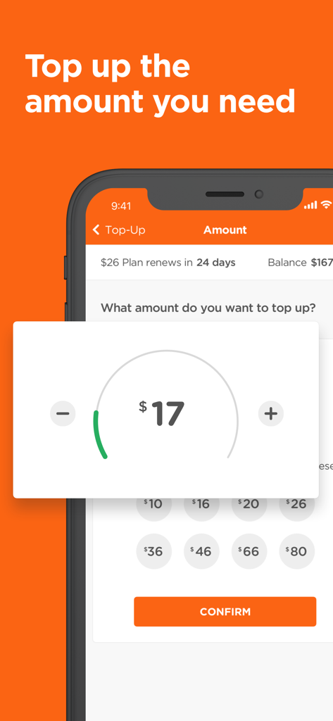 Skinny Mobile - Interface of the Skinny Mobile app showing a top-up screen with a circular dial to choose a custom amount and preset value buttons.