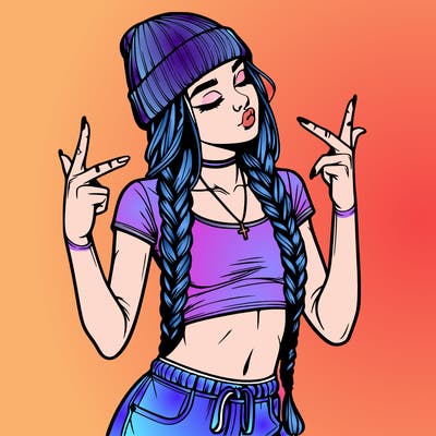 realistic teenage girl with braids and a beanie and crop top doing 🫶🏼