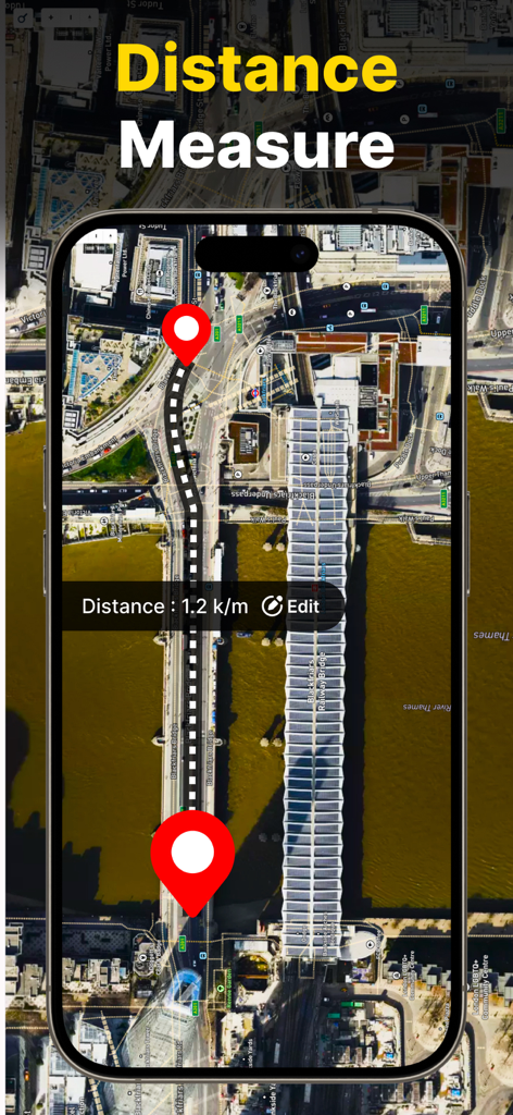 Land Distance Area Calculator - Teléfono inteligente mostrando la medición de distancia entre dos puntos en un mapa satelital