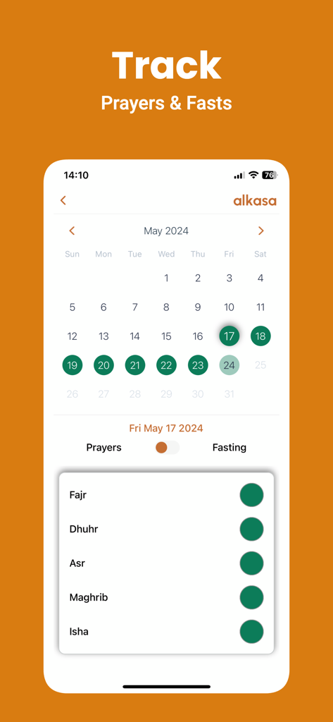 alkasa - Alkasa App Gebets- und Fasten-Tracker-Bildschirm mit einem Kalender und einer täglichen Checkliste.
