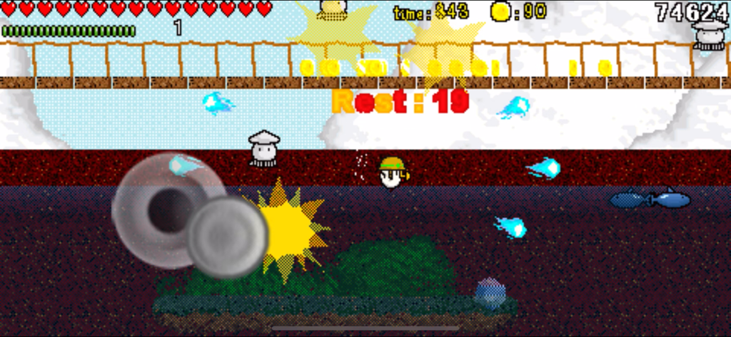 A pixel art action scene in Tori Game showing the bird character and projectiles