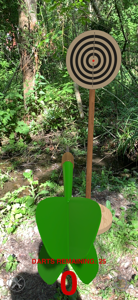 [AR] Darts - AR Darts game interface showing a green dart being aimed at a target board in an outdoor wooded environment