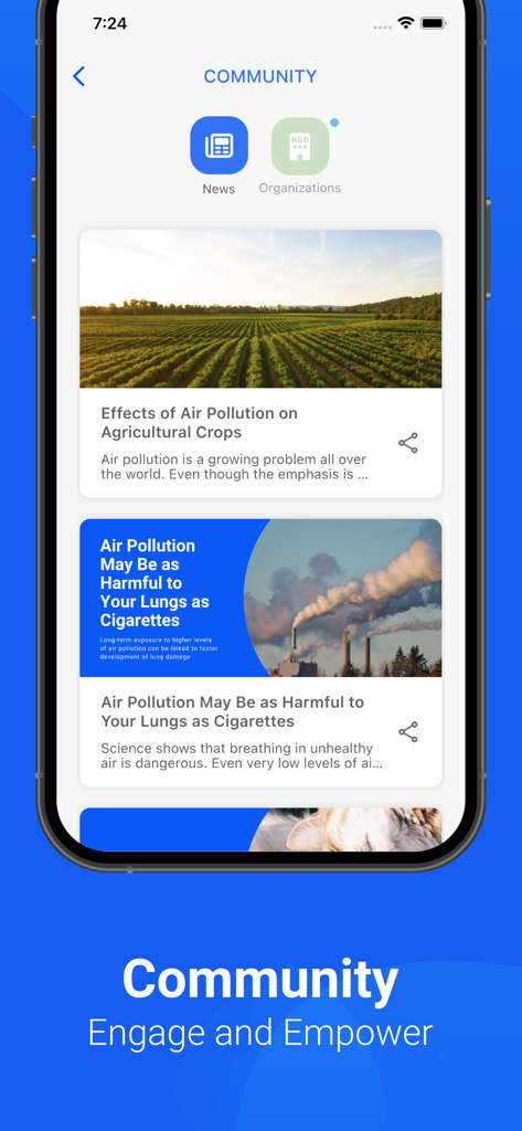 Air Quality & Pollen - AirCare - AirCare app community section showing news articles about air pollution and its effects on health and agriculture.