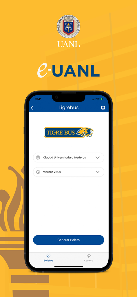 Pantalla de la app e-UANL para generar boletos de transporte Tigrebus con selección de ruta y hora
