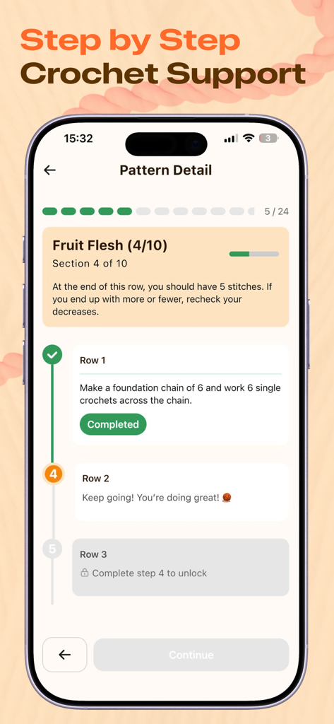 Yarno app interface showing a step by step crochet pattern with row by row instructions and progress tracking.
