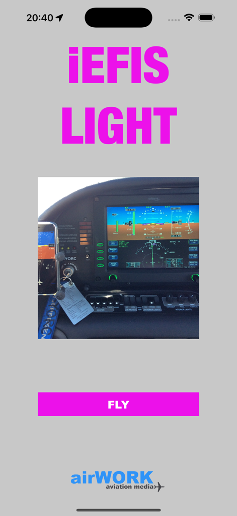 iEFIS Light aviation app splash screen featuring a cockpit with digital flight instruments