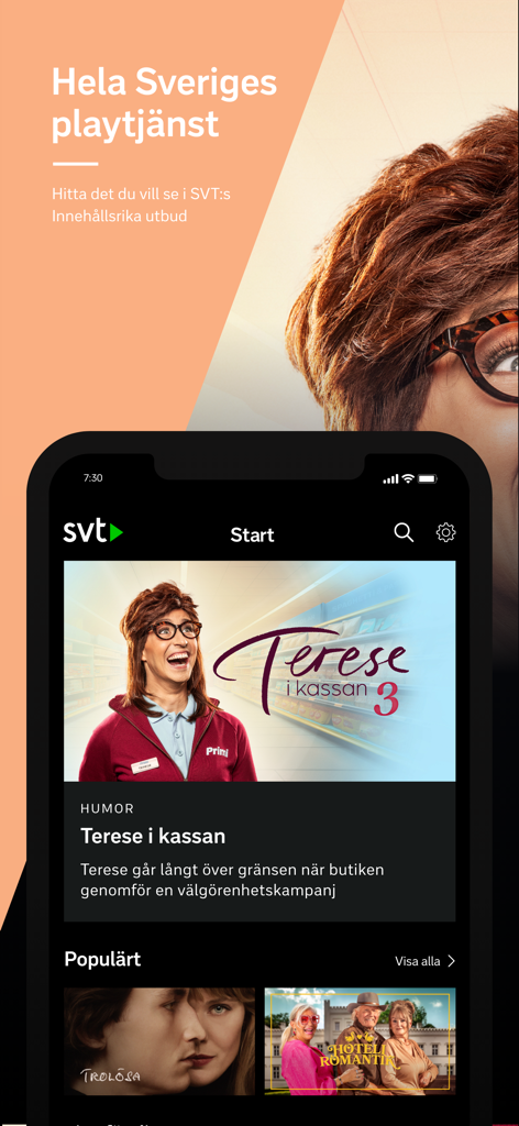 L'écran d'accueil de l'application SVT Play affiche des programmes de télévision suédois comme Terese i kassan