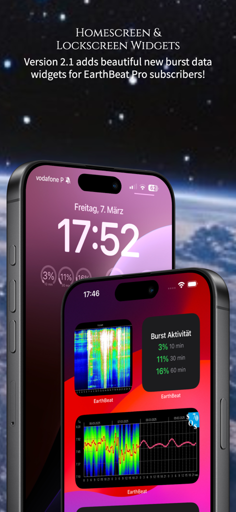 EarthBeat - Schumann Resonance - iPhoneにシュマン共鳴バーストデータが表示されたEarthBeatアプリのウィジェット。