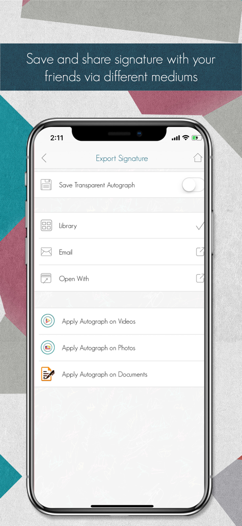 Autograph+ (Lite Version) - Interface of Autograph plus app showing options to export and apply signatures to photos videos and documents
