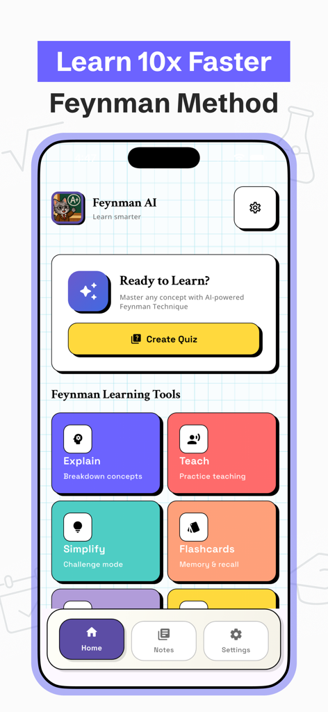 Feynman AI Notes Taker app dashboard with learning tools for active recall including flashcards and quizzes