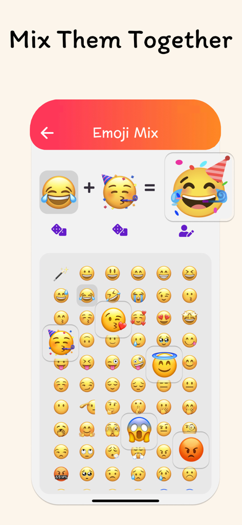 Emoji Mix - Maker & Facemoji - Interfaz de la aplicación Emoji Mix mostrando un emoji riendo y un emoji de fiesta combinados para crear un emoji personalizado único.