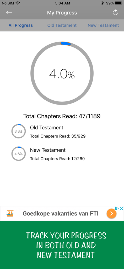 Écran de suivi de la progression de lecture de la Bible montrant les pourcentages d'achèvement pour l'Ancien et le Nouveau Testament.