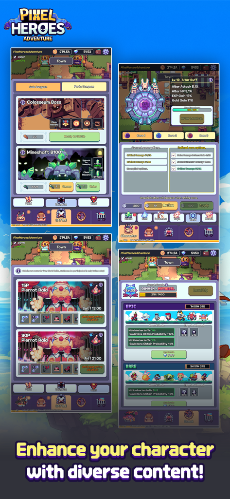 Pixel Heroes Adventure : MMO - Mobile game screenshots showing boss raids dungeons and character enhancement in Pixel Heroes Adventure