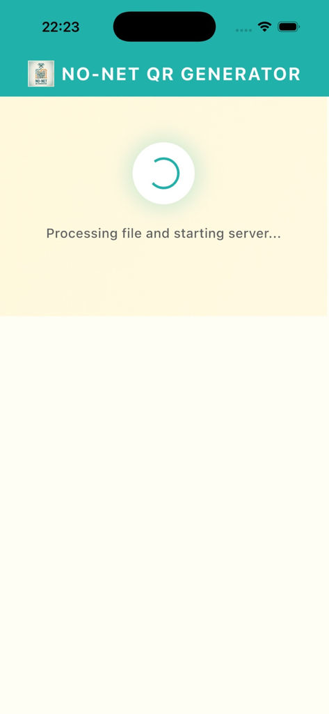 Loading screen of the NO-NET QR Generator app showing a progress indicator and the text Processing file and starting server.