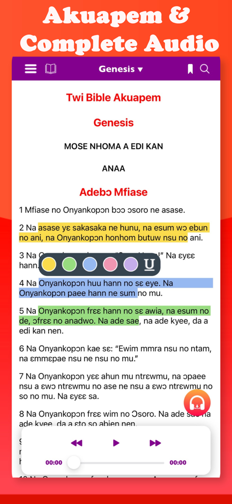 Twi Bible - Akuapem & Audio - Twi Bible Akuapem app reading screen with color highlighted verses and audio player controls