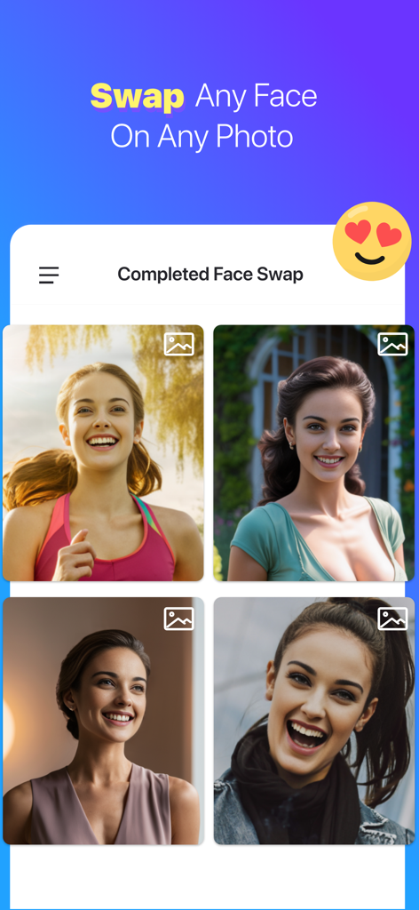 Tela do aplicativo FaceX mostrando uma galeria de trocas de rostos concluídas em diferentes fotos com o texto Troque Qualquer Rosto em Qualquer Foto
