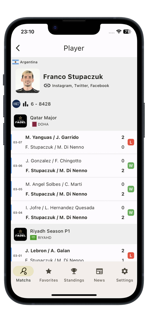 Profil du joueur Franco Stupaczuk avec historique des matchs et statistiques dans l'application Padel LiveScore
