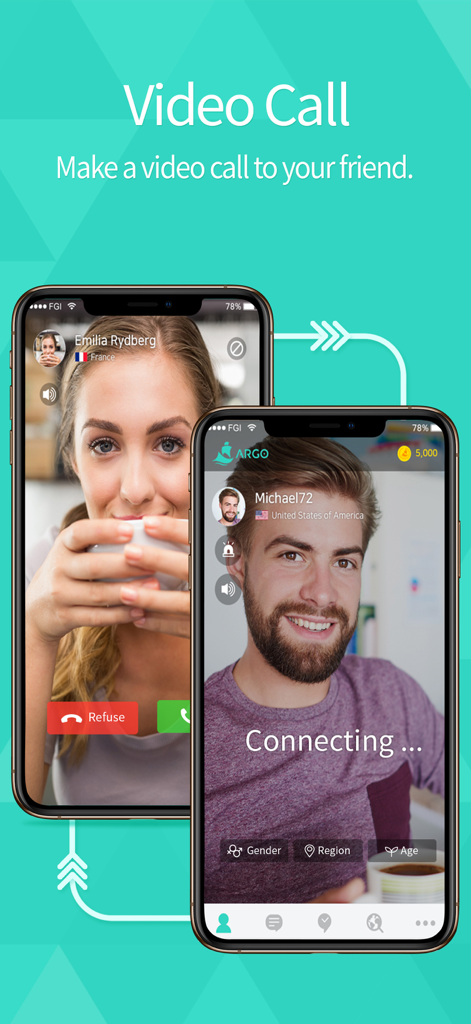 ARGO 앱 인터페이스에 다른 국가 사용자와의 글로벌 영상 통화 및 연결 화면 표시