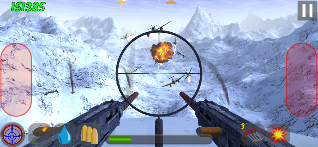 First person view of a tail gunner shooting down enemy fighters over snowy mountains