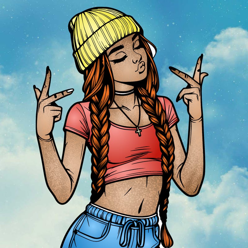 realistic teenage girl with braids and a beanie and crop top doing 🫶🏼