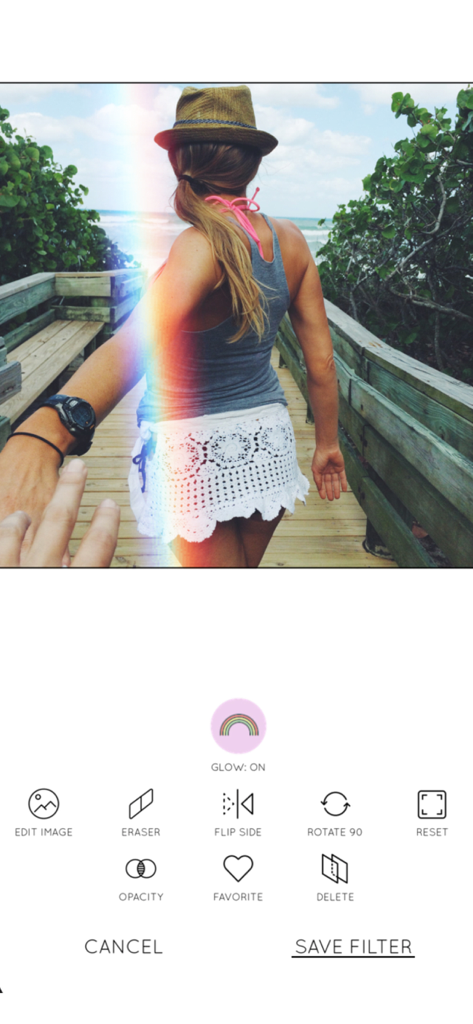 Rainbow Love - Editing a beach photo with a rainbow light leak filter in the Rainbow Love app interface