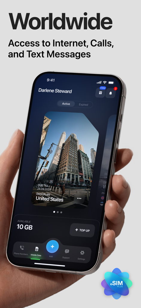 eSIM Plus: Second Phone Number - eSIM Plus app interface on a smartphone showing a 10GB mobile data plan for the United States