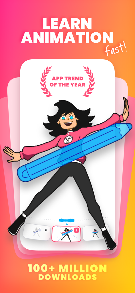 FlipaClip app interface showing a character holding a large blue pencil with text about learning animation fast.