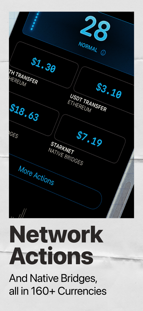 Screenshot of the Gas Alert app showing transaction fees for ETH transfer, USDT transfer, and Starknet native bridges in USD.