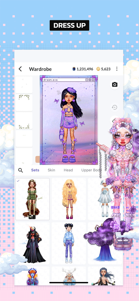 Everskies wardrobe screen featuring a customizable avatar and a selection of fashion sets.