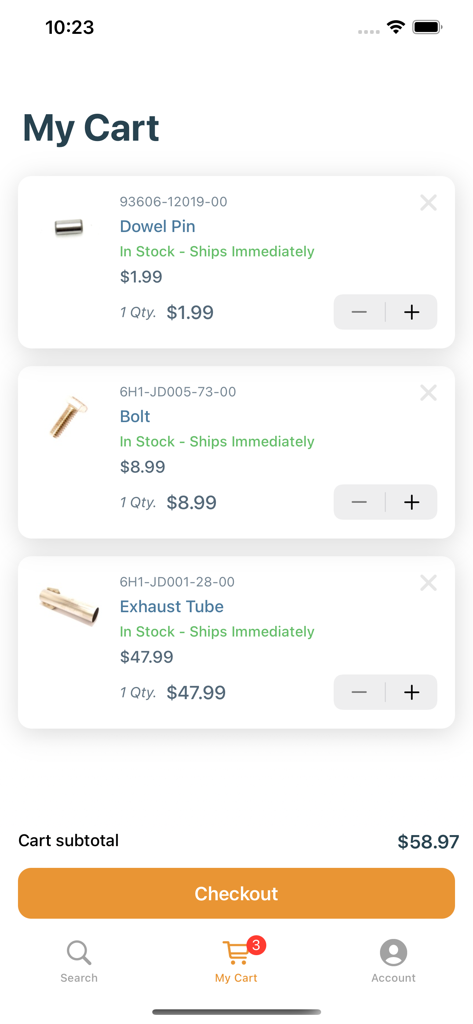 Crowley Marine - Crowley Marine app shopping cart showing a dowel pin bolt and exhaust tube ready for checkout