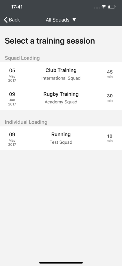 Kitman Labs Kiosk - Interface of the Kitman Labs Kiosk app showing a menu to select a training session for squad or individual loading.