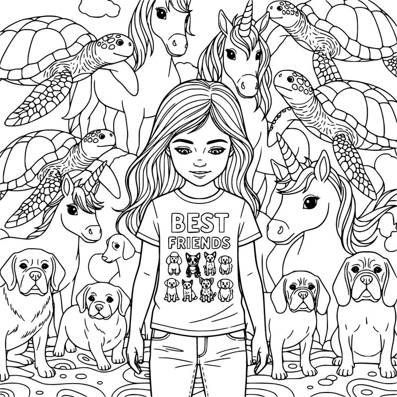 turtle with other turtles and unicorns and dogs and and in the middle there’s a little girl whose name is thea and she has pretty long hair. it does not go to her feet but it goes like to her back a little bit like the tip of her back and and she’s wearing a shirt with the words, best friends on it and jeans, and that shirt also has a poodle a blue heeler, a red heeler, a white dog, a dalmatian, a husky, and a fluffy white dog