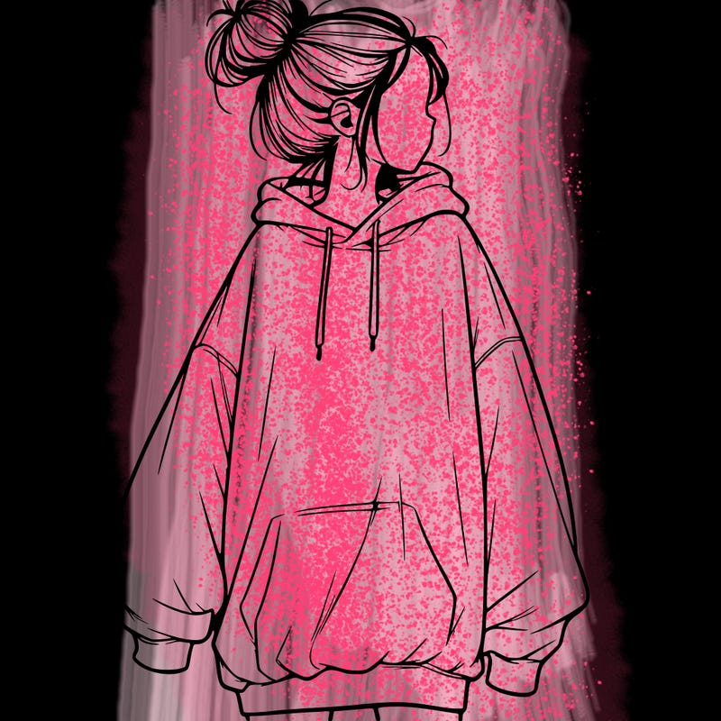 realistic girl with a oversized sweatshirt on and a bun