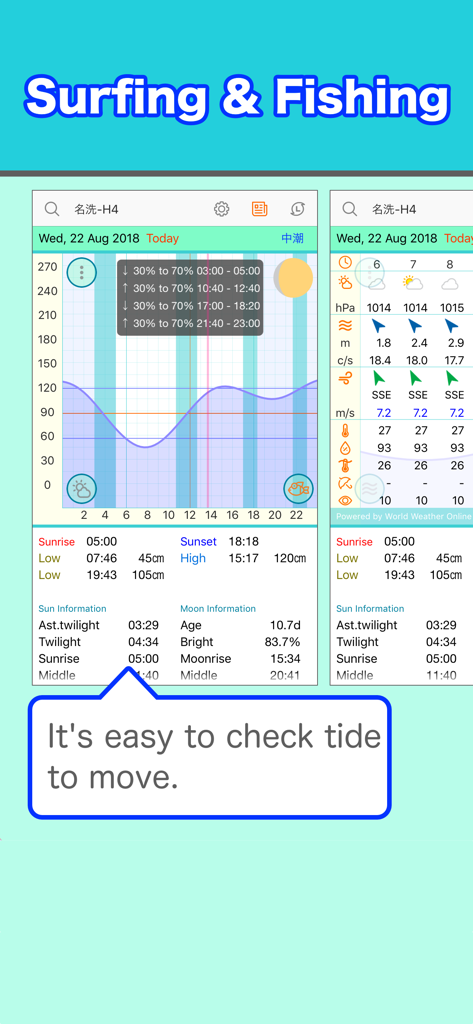 Tide and Weather - SurfTideΔ - SurfTide app displaying a detailed tide graph and marine weather forecast