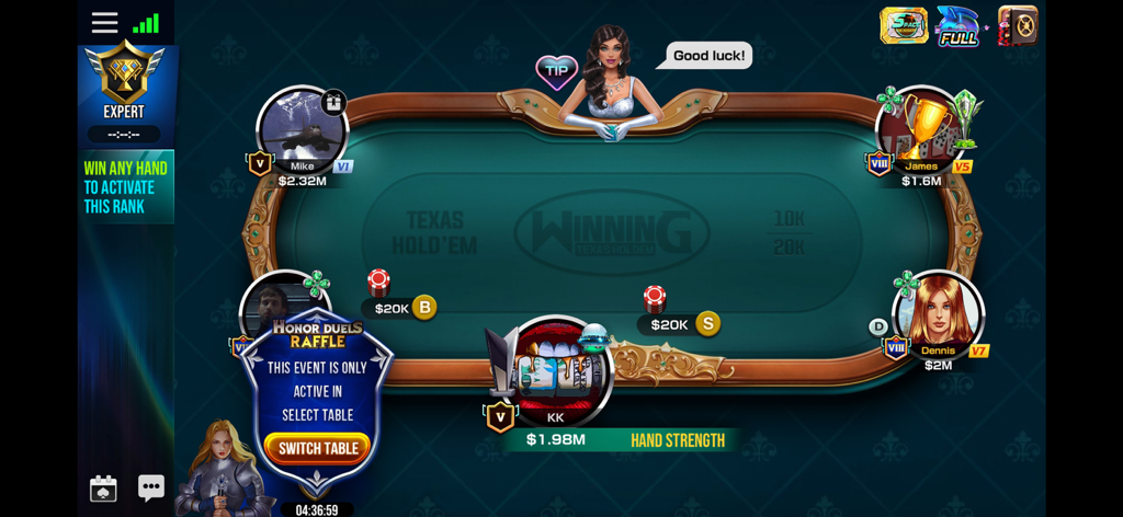 Una mesa de póker Texas Holdem en línea con jugadores y un crupier en la aplicación Winning Poker.