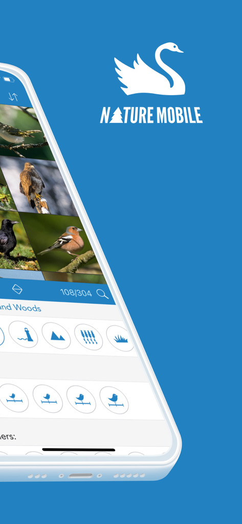 iKnow Birds 2 PRO - Europe - Mobile app interface showing bird species identification photos and habitat filter icons with the Nature Mobile logo