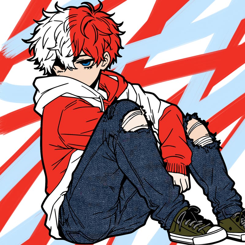 a male hoddie ripped jeans messy hair anime