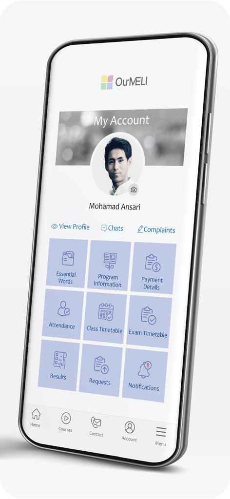 Dashboard of the MELI mobile app showing student account features, class timetables, and academic results.