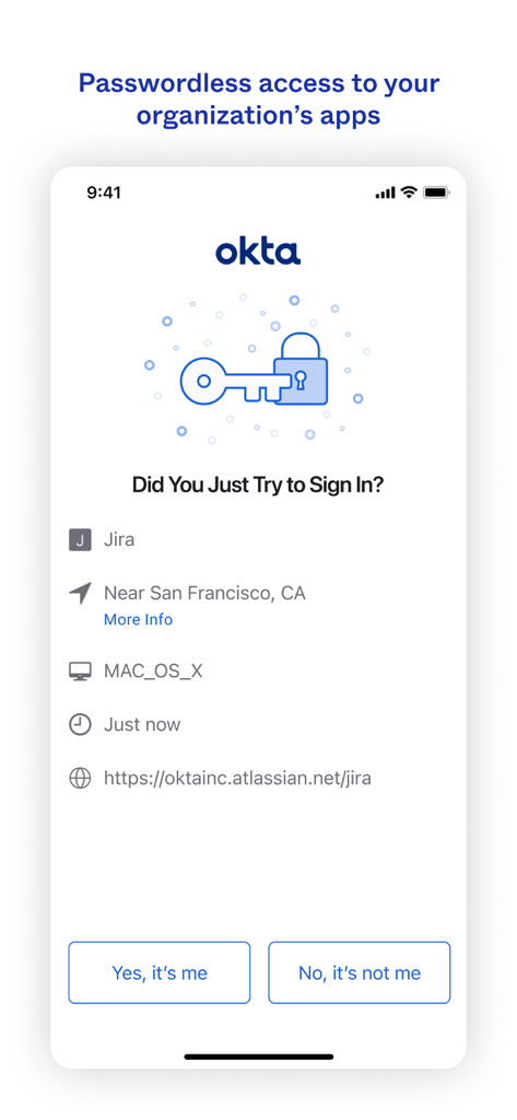Okta Verify mobile app screen showing a push notification request for sign in verification with yes and no options