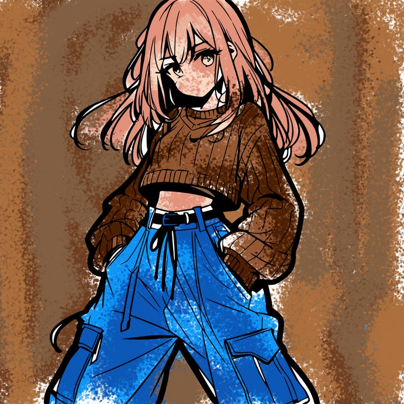 anime teen girl with baggy pants and crop top with sweater