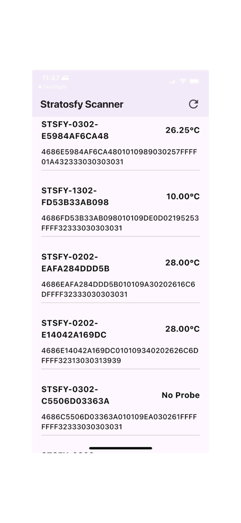 Mobile screen showing real time temperature readings from Stratosfy sensors