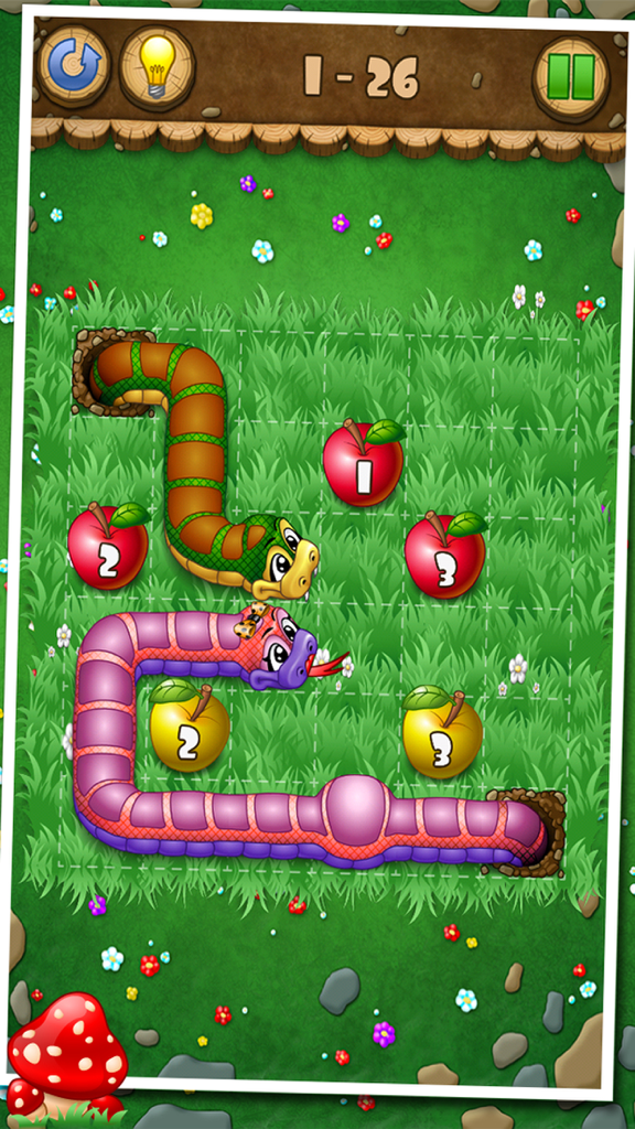 Snakes and Apples - A logic puzzle level in Snakes and Apples where two snakes navigate a grassy grid to eat numbered red and yellow apples.