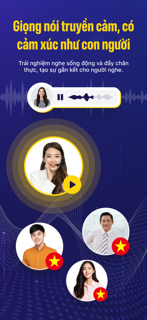 Vbee AIVoice - Text To Speech - Vbee AIVoice App-Oberfläche, die natürliche und emotionale, menschlich klingende KI-Stimmen für Text-to-Speech zeigt