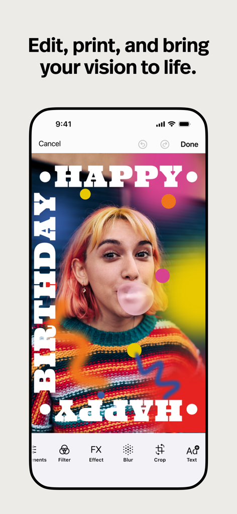 Polaroid Hi Print app screen showing photo editing tools and a customized birthday photo with stickers.