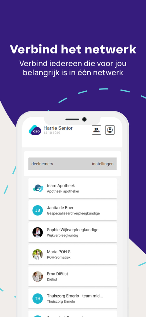 Mobile app screen showing a patient care network with a list of healthcare providers like nurses and dieticians