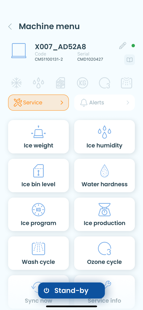 IceWorld - IceWorld app machine menu displaying remote controls for ice weight, humidity, production programs, and cleaning cycles.