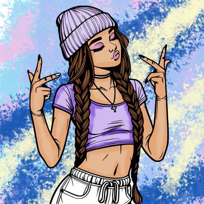 realistic teenage girl with braids and a beanie and crop top doing 🫶🏼